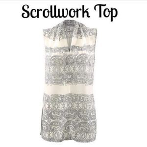 CABi Scrollwork Cream/Gray V-Neck Sleeveless Blous/Tunic #3091. Size Medium NWOT